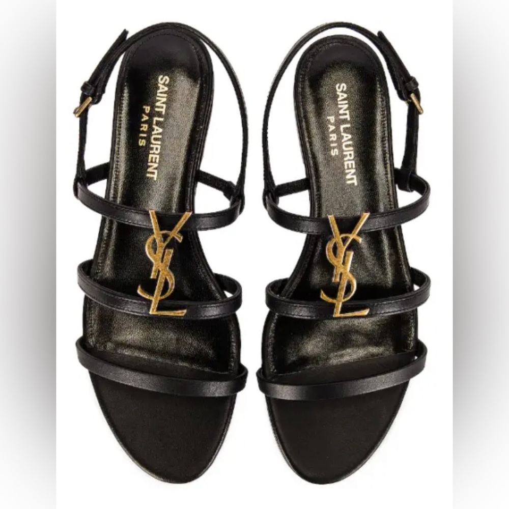 NEW SAINT LAURENT YSL BLACK LEATHER LOGO FLAT CASSANDRA SANDALS BOX 37